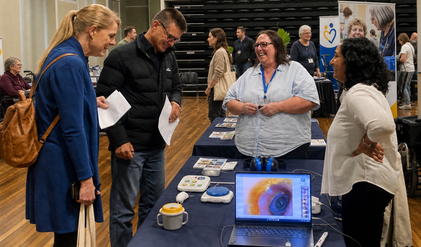 Visitors and exhibitors sharing a friendly conversation at an assistive technology display