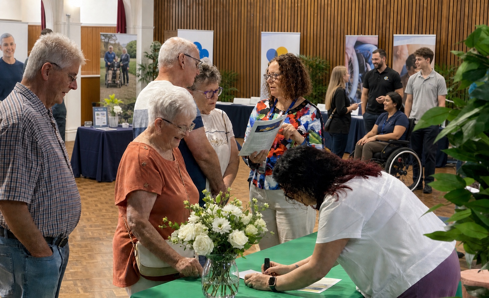 Visitors meeting allied health providers in a welcoming and accessible expo space