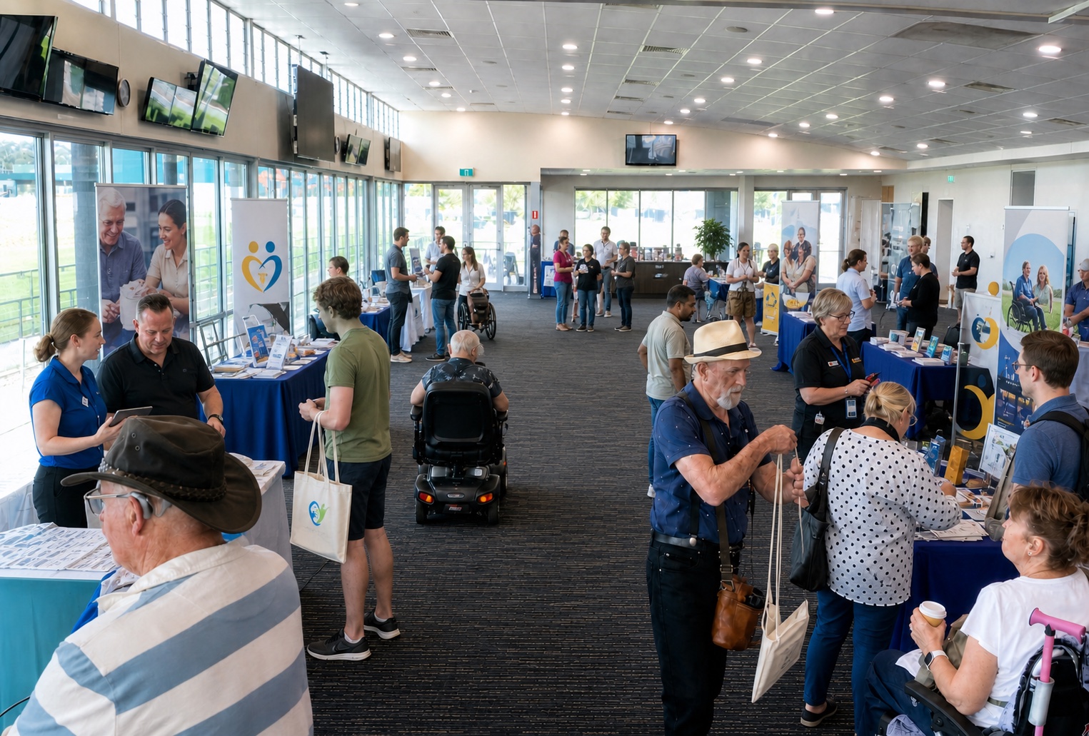 A busy Disability & Aged Care Expo with accessible aisles and a wide range of services