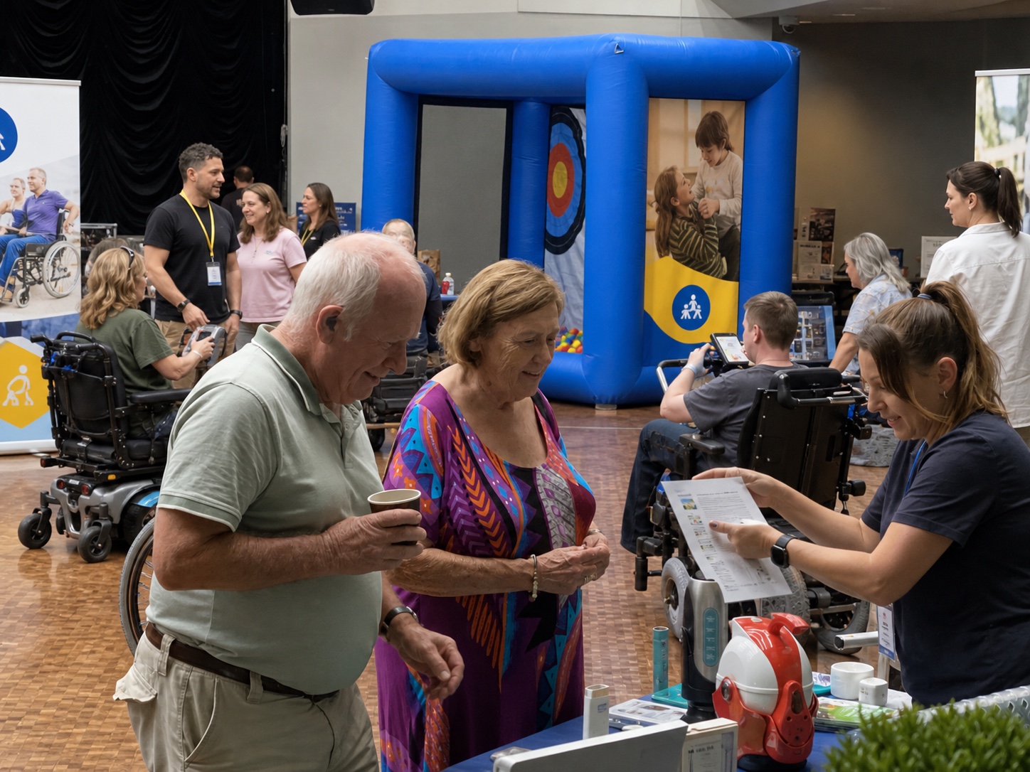 Visitors exploring an inclusive technology and sensory activity display